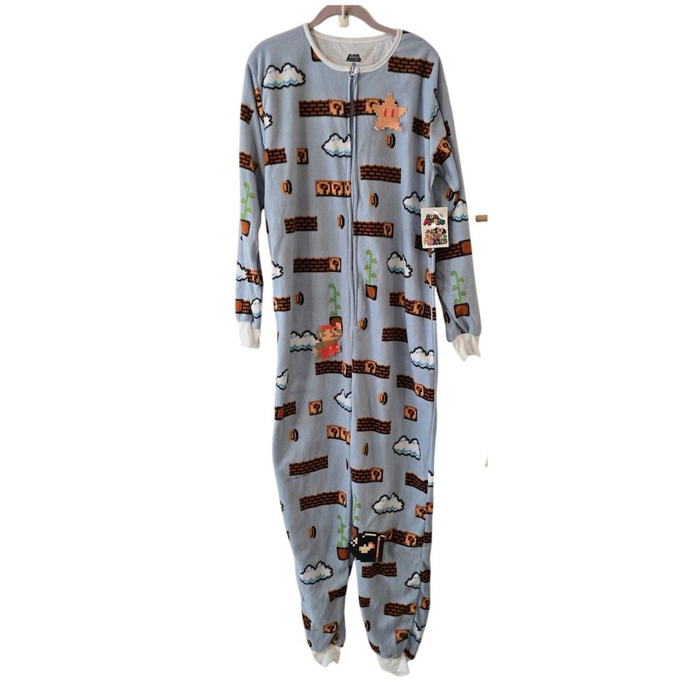 NWT Nintendo Super Mario Fleece Zip Up One-Piece Pajamas Blue Size S Small